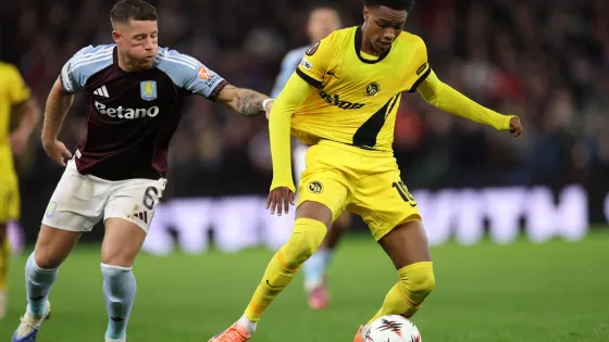 Alvyn Sanches of Young Boys (R) in action against Ross Barkley of Aston Villa (L) during the UEFA Europa League league phase match between Aston Villa and BSC Young Boys in Birmingham, Britain, 27 November 2025.