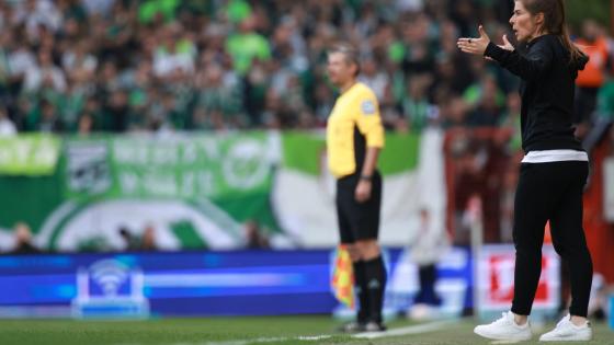 Union’s new head coach Marie-Louise Eta reacts during the Bundesliga soccer match 1. FC Union Berlin and VfL Wolfsburg in Berlin, Germany, 18 April 2026. (Alemania)