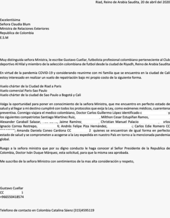 Carta gustavo cuéllar