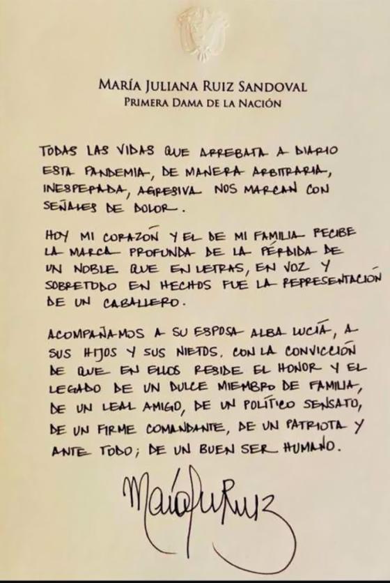 Mensaje manuscrito de la primera dama de la nación Mensaje de María Juliana Ruiz, Primera Dama