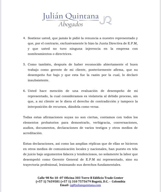 Carta de Álvaro Rendón a Daniel Quintero