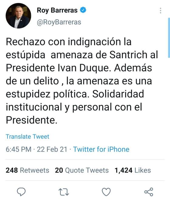 Rechazo a amenaza de Santrich a Duque Rechazo a amenaza de Santrich a Duque