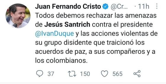 Rechazo a amenaza de Santrich a Duque Rechazo a amenaza de Santrich a Duque