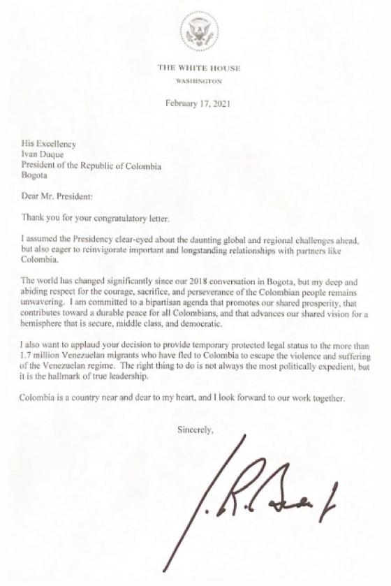 carta de Joe Biden a Iván Duque