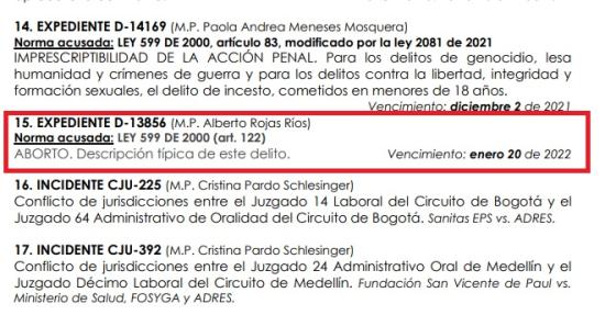 El aborto en la agenda de la Corte Constitucional. Temas del día en la Corte Constitucional.
