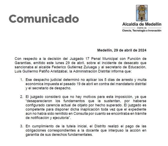 Juez revocó la orden de captura contra el alcalde Federico Gutiérrez Juez revocó la orden de captura contra el alcalde Federico Gutiérrez