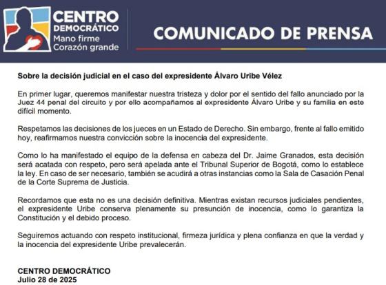 Comunicado del Centro Democrático.