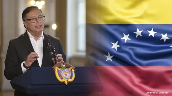 Presidente Gustavo Petro y bandera de Venezuela. Presidente Gustavo Petro y bandera de Venezuela.