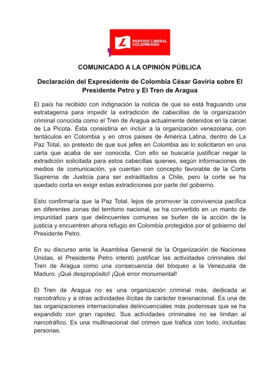 Carta del expresidente César Gaviria. Carta del expresidente César Gaviria.