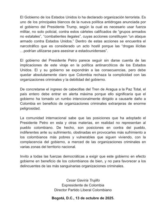 Carta del expresidente César Gaviria. Carta del expresidente César Gaviria.