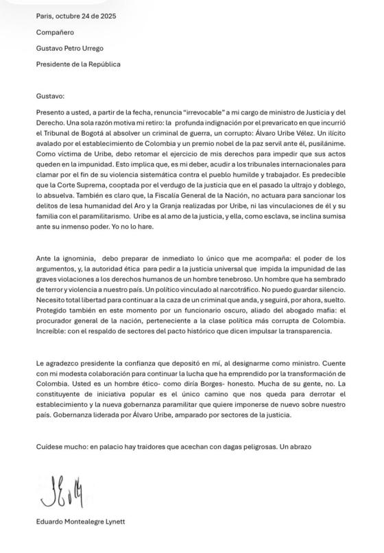 Carta de renuncia de Eduardo Montealgre.
