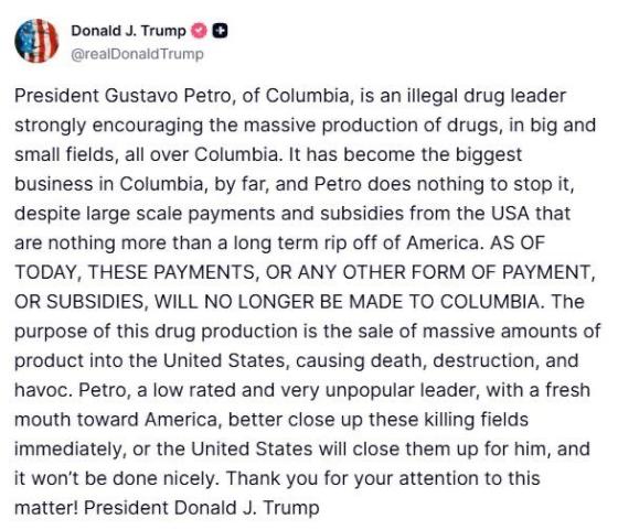 Trump Trump: Petro es “líder del narcotráfico” y suspende subsidios
