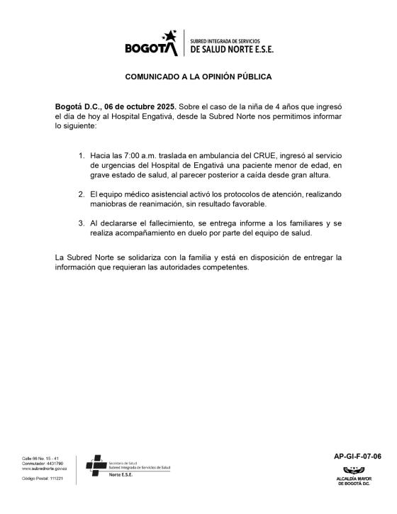 Comunicado que confirma la muerte Niña de 4 años muere tras caer de un edificio en Engativá