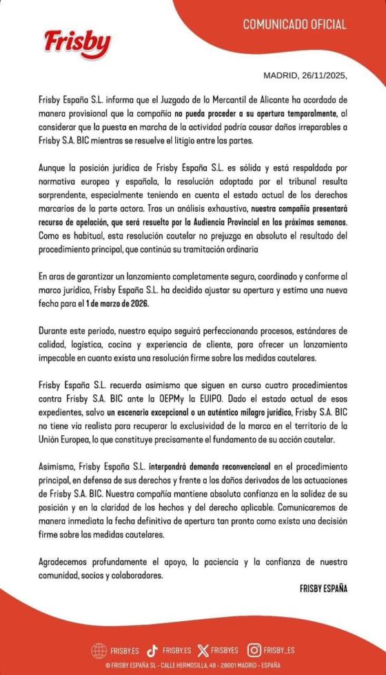 La justicia de Alicante suspendió la apertura de Frisby España.