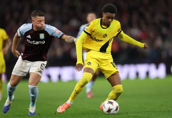 Alvyn Sanches of Young Boys (R) in action against Ross Barkley of Aston Villa (L) during the UEFA Europa League league phase match between Aston Villa and BSC Young Boys in Birmingham, Britain, 27 November 2025.