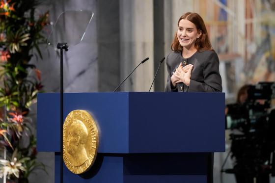  Daughter of the Nobel Peace Prize laureate, Ana Corina Sosa, speaks after accepting the award on behalf of her mother Maria Corina Machado during the Nobel Peace Prize award ceremony at Oslo City Hall in Oslo, Norway, 10 December 2025.