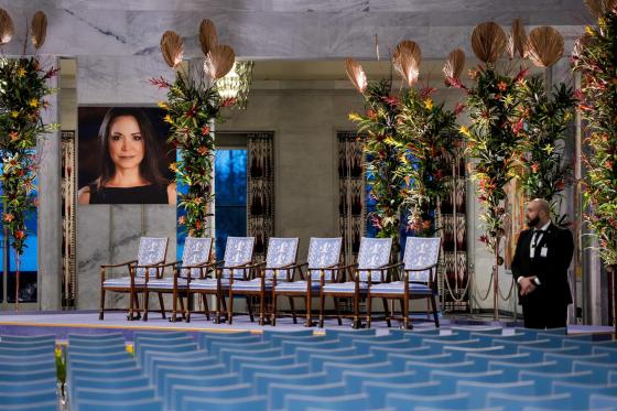 A picture of Nobel Peace Prize laureate Maria Corina Machado is displayed at Oslo City Hall before the Nobel Peace Prize award ceremony in Oslo, Norway, 10 December 2025. Venezuelan opposition leader Maria Corina Machado was awarded the Nobel Peace Prize 2025 for her tireless work to secure democratic rights for the people of Venezuela, and for her fight for a just and peaceful transition from dictatorship to popular rule. Due to the circumstances in her home country of Venezuela, the Nobel Peace Prize laur