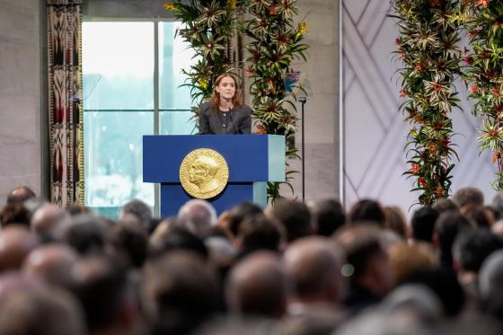 Daughter of the Nobel Peace Prize laureate, Ana Corina Sosa, speaks after accepting the award on behalf of her mother Maria Corina Machado during the Nobel Peace Prize award ceremony at Oslo City Hall in Oslo, Norway, 10 December 2025. 