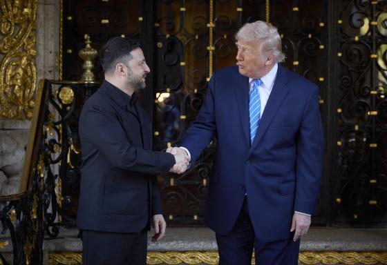 A handout photo made available by the Presidential Press Service shows US President Donald Trump (R) meeting with Ukrainian President Volodymyr Zelensky (L) in Florida, USA, 28 December 2025.