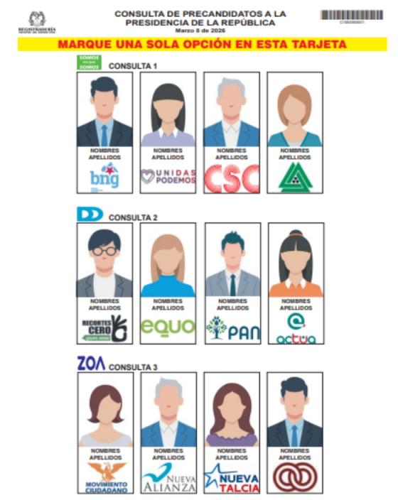 Así será la tarjeta electoral de las consultas presidenciales del 8 de marzo.