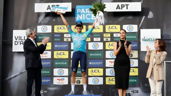 Harold Tejada of XDS Astana Team celebrates on the podium after winning the 6th stage of the Paris-Nice cycling race over 179.3km from Barbentane to Apt, France, 13 March 2026. 