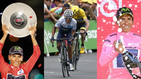 Fotografías de archivo que muestra al ciclista colombiano Nairo Quintana levantando el trofeo en la vuelta a España 2016 (i), compitiendo en el tour de Francia 2025 (c) y celebrando en el podio del Giro de Italia 2017 (d). 