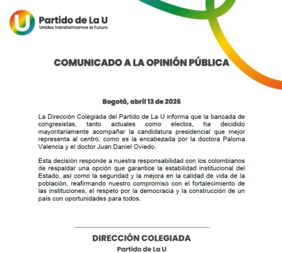 Partido de la U se suma a Paloma Valencia y Oviedo en la carrera presidencial