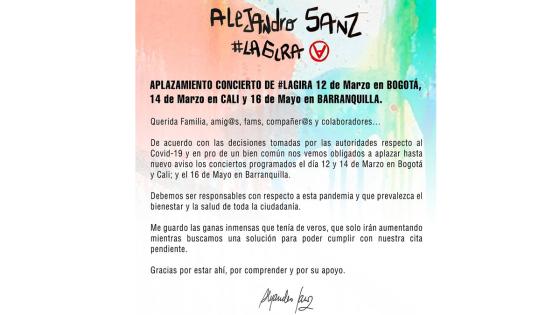 Alejandro Sanz aplazo su gira en Bogotá, Cali y Barranquilla debido al Coronavirus. Alejandro Sanz aplazo su gira en Bogotá, Cali y Barranquilla debido al Coronavirus.