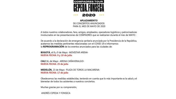 Fonseca aplazo su gira por Bogotá, Cali y Medellin hasta el mes de julio debido al Coronavirus. Fonseca aplazo su gira por Bogotá, Cali y Medellin hasta el mes de julio debido al Coronavirus.