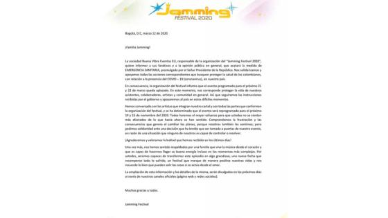 El Jamming Festival decidió aplazar el evento hasta el mes de noviembre debido al Coronavirus. El Jamming Festival decidió aplazar el evento hasta el mes de noviembre debido al Coronavirus.