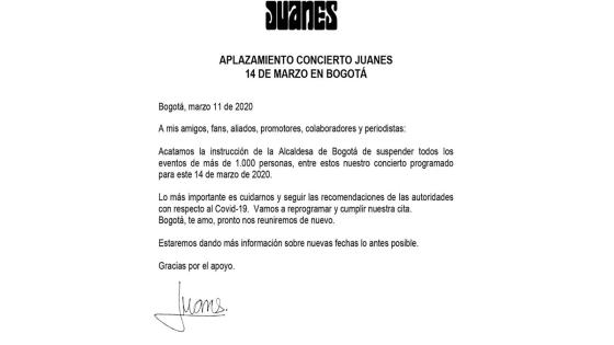 Juanes decidió aplazar su concierto hasta nueva orden del Ministerio de Salud. Juanes decidió aplazar su concierto hasta nueva orden del Ministerio de Salud.
