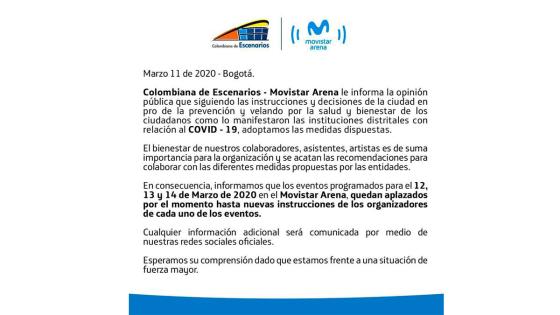 Movistar Arena cancela todos los eventos como medida de prevención al Coronavirus. Movistar Arena cancela todos los eventos como medida de prevención al Coronavirus.