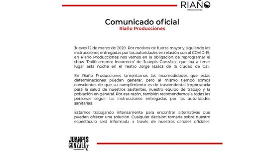 Alejandro Riaño decidió cancelar su presentación en Cali como medida de prevención al Coronavirus. Alejandro Riaño decidió cancelar su presentación en Cali como medida de prevención al Coronavirus.