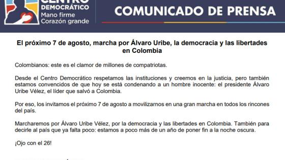 Comunicado del Centro Democrático.