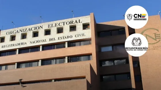 Edificio de Consejo Nacional Electoral (CNE) y logo de Registraduría.