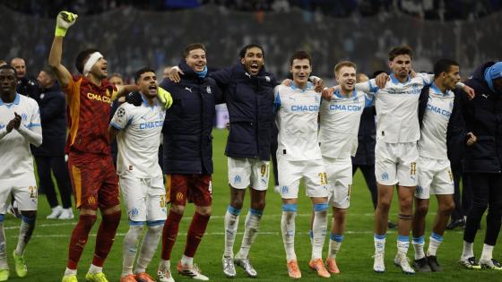 Players of Olympique Marseille celebrate after their match against Newcastle during the UEFA Champions League league phase match between Olympique Marseille and Newcastle United, in Marseille, 25 November 2025. 