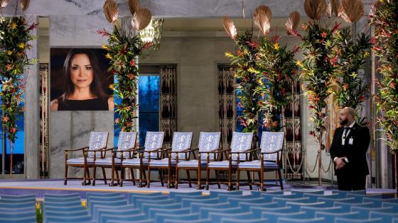 A picture of Nobel Peace Prize laureate Maria Corina Machado is displayed at Oslo City Hall before the Nobel Peace Prize award ceremony in Oslo, Norway, 10 December 2025. Venezuelan opposition leader Maria Corina Machado was awarded the Nobel Peace Prize 2025 for her tireless work to secure democratic rights for the people of Venezuela, and for her fight for a just and peaceful transition from dictatorship to popular rule. Due to the circumstances in her home country of Venezuela, the Nobel Peace Prize laur