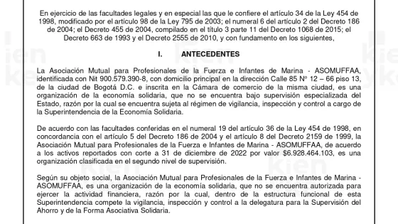 Documento que certifica la intervención de ASOMUFFAA