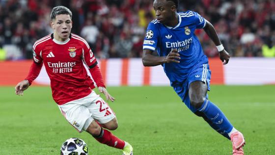Benfica's Gianluca Prestianni (L) vies for the ball with Real Madrid's Vinicius Junior during the UEFA Champions League soccer match between Benfica and Real Madrid, in Lisbon, Portugal, 17 February 2026.